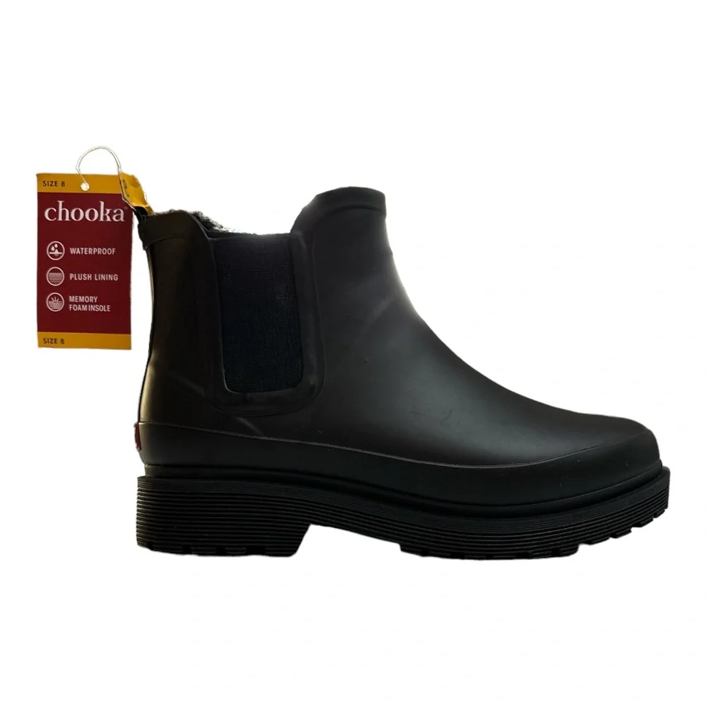 Chooka - Rain Boots 6 Black Faux Fur Lined Chelsie Ankle Pull On Waterproof Shoe